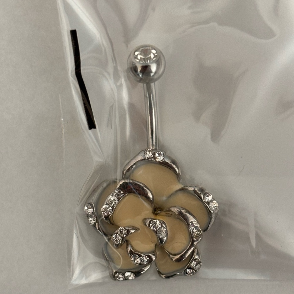 Cream Flower with Gems Around Petals Navel Ring